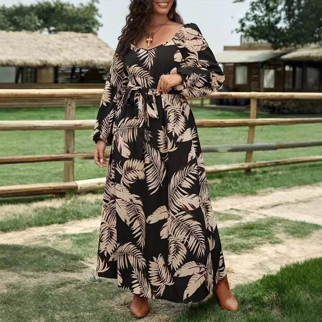 

Осеннее женское платье с принтом и рукавами-фонариками, приталенные платья больших размеров 4XL чёрный