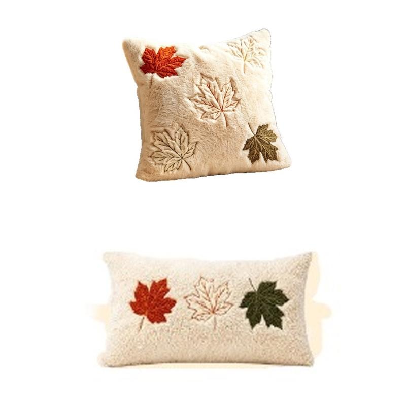 Thanksgiving Pillow Cover Maple Leaf Embroidered Plush Cushion Cover with Concealed Zippers for Indoor Decors Home