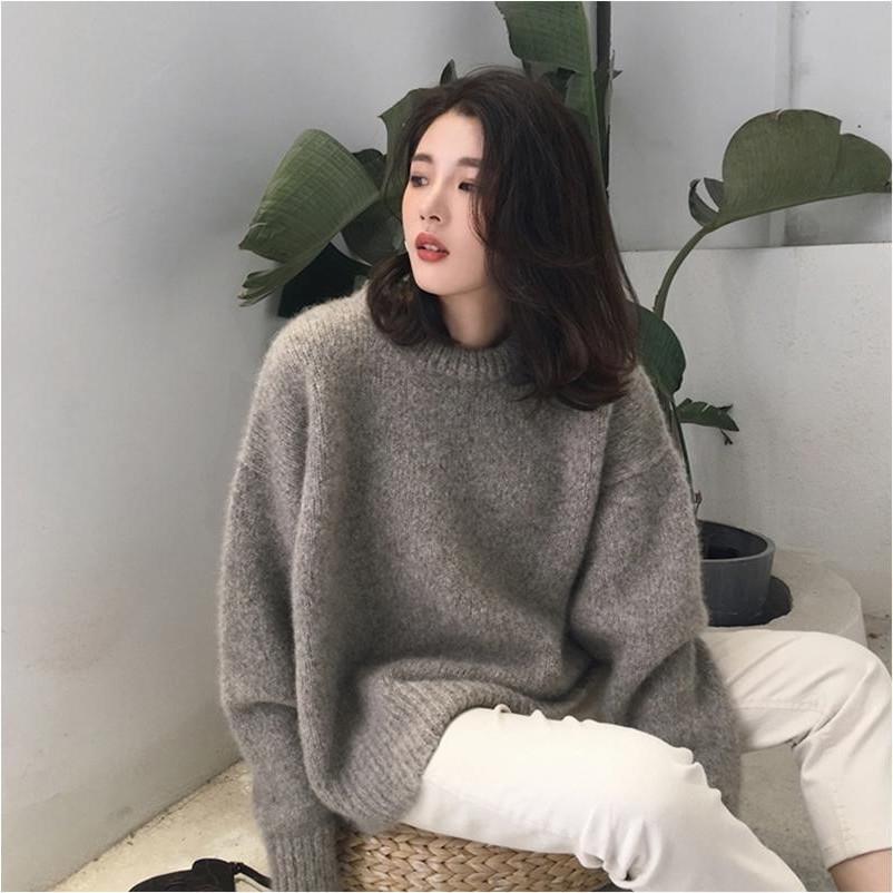 Lat Stil Løs Damegenser Høst Vinter Yttertøy Allsidig Pullover Rund Hals Base Lag Fortykket Strikk