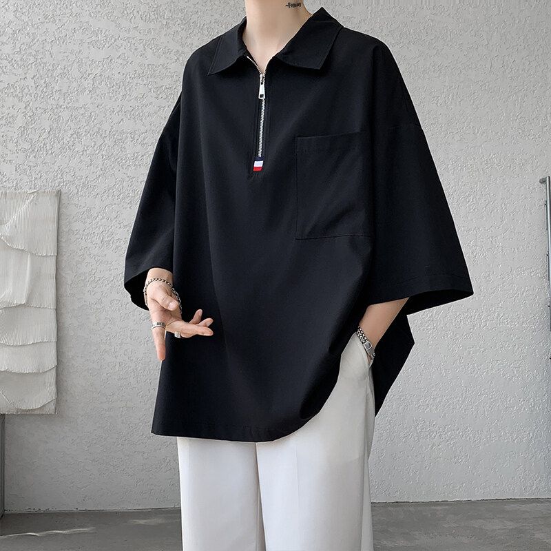 Summer Polo-Neck Loose T-shirts Fashion Zipper Men's Clothing Pockets Spliced Casual Basic Solid Color Half Sleeve Polo Shirts