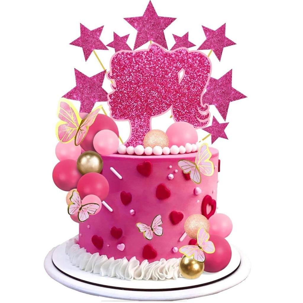 Heißes Pink Mädchen Gold Schmetterling Kugeln Stern Puppe Kuchenaufsatz für Hochzeit Babyparty Jubiläum Mädchen Geburtstag Themenparty Zubehör