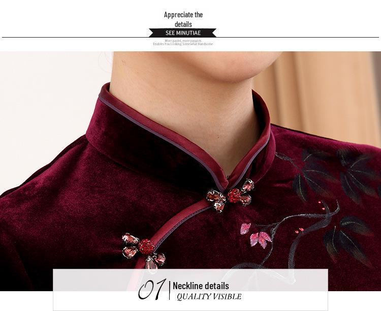 Elegant Hand-Painted Retro Cheongsam Dress: Fashionable, Comfortable, Breathable, Slim-Fit with Stand-Up Collar for Mothers.