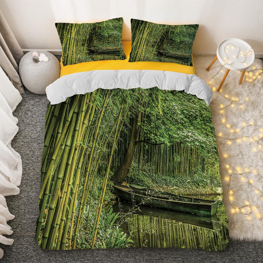 Bambus Dynetrekksett Grønn Natur Plante King Size Polyester Dynetrekk med Putetrekk for Barn Gutter Jenter Sengetøysett