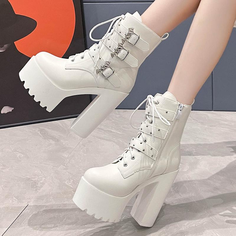 Fashion 14CM Trendy Women's, Chunky Heel Waterproof Platform Pearl Chain, Buckle Punk Styl Thick Sole Motorcycle Boot