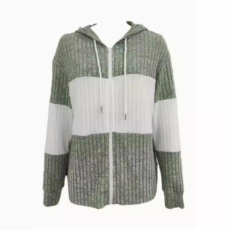 Women Rib Knit Zipper Drawstring Hooded Long Sleeve Casual Sweatshirt