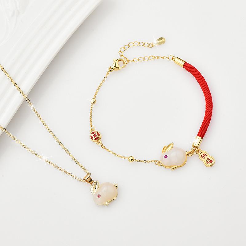 Cute Bunny Pendant Imitation White Jade Rabbit 18K Gold Titanium Steel Necklace Women'S Light Luxury Niche High Sense