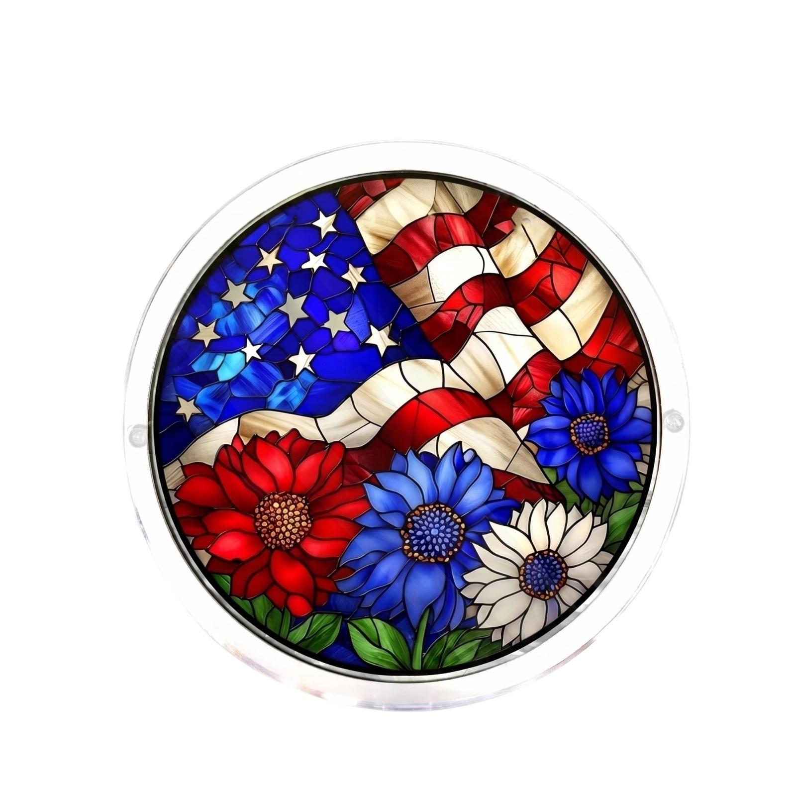 

Round Stained Glass Window Panel with Floral Print and Flag Pattern Decorative Hanging Suncatcher for Home Office Indoor Outdoor Display one size