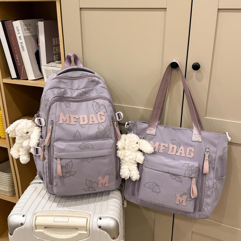 Rucsac din nailon cu capacitate mare și imprimeu fluturi pentru elevi de gimnaziu