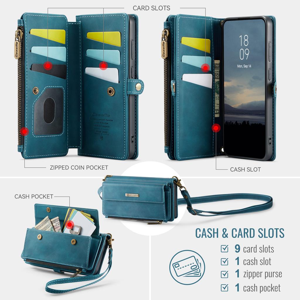 Etui CASEME C39 z blokadą RFID i zamkiem błyskawicznym, portfel, podstawka, skórzane etui z paskiem do Samsung Galaxy S21 FE 5G