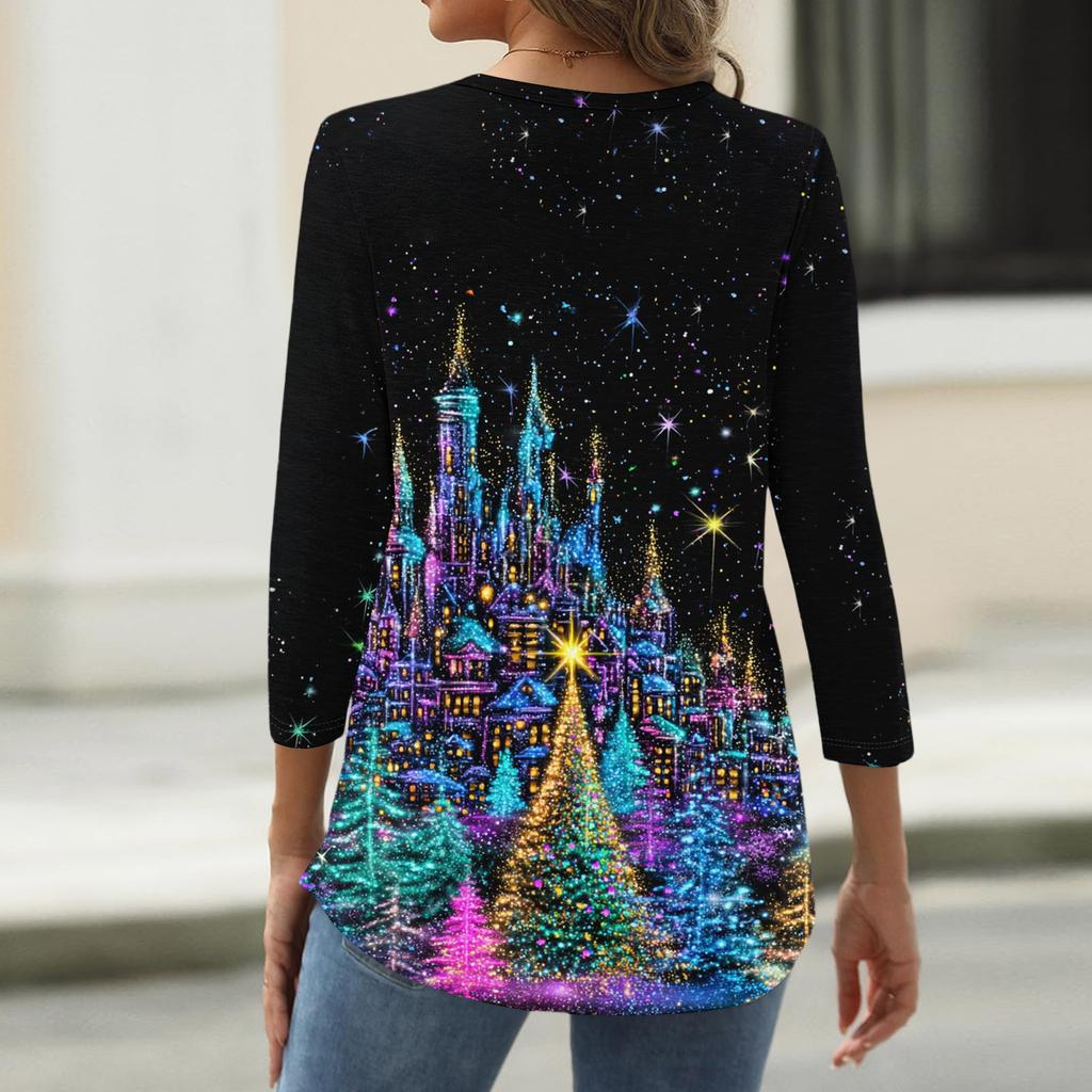 Women's Fashion Casual Christmas Printed Round Neck Long Sleeve Pullover Top