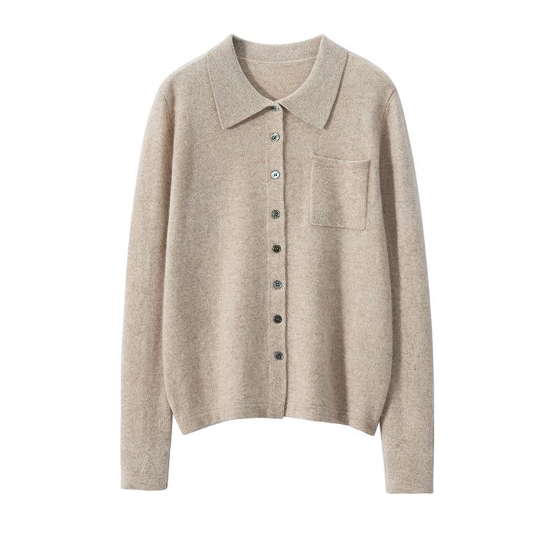 Women's Cashmere Polo Collar Knit Top: Versatile Solid Color Cardigan Sweater Coat