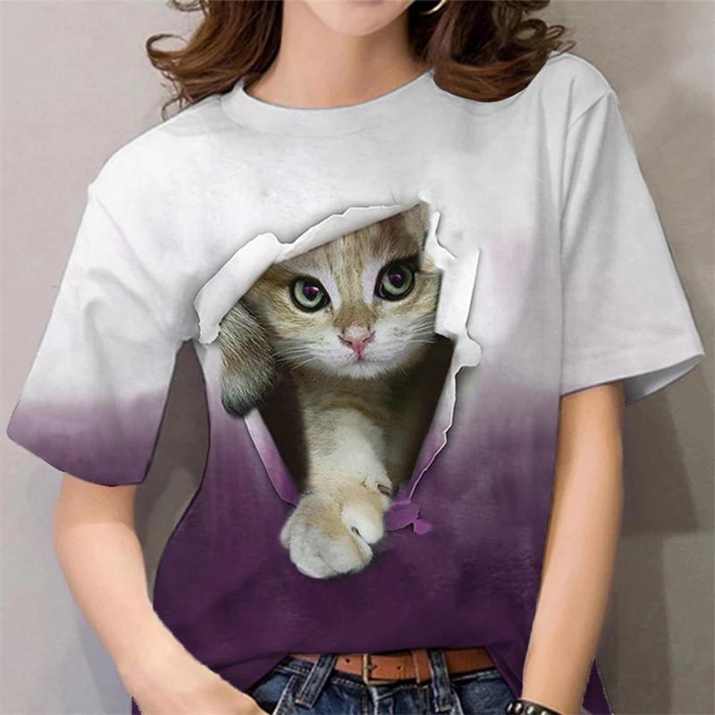 Women's 3d Cats Print Black T Shirt Female Cute Animal Y2k Graphic T Shirts Girl Street Tees Haigh Quality Tops