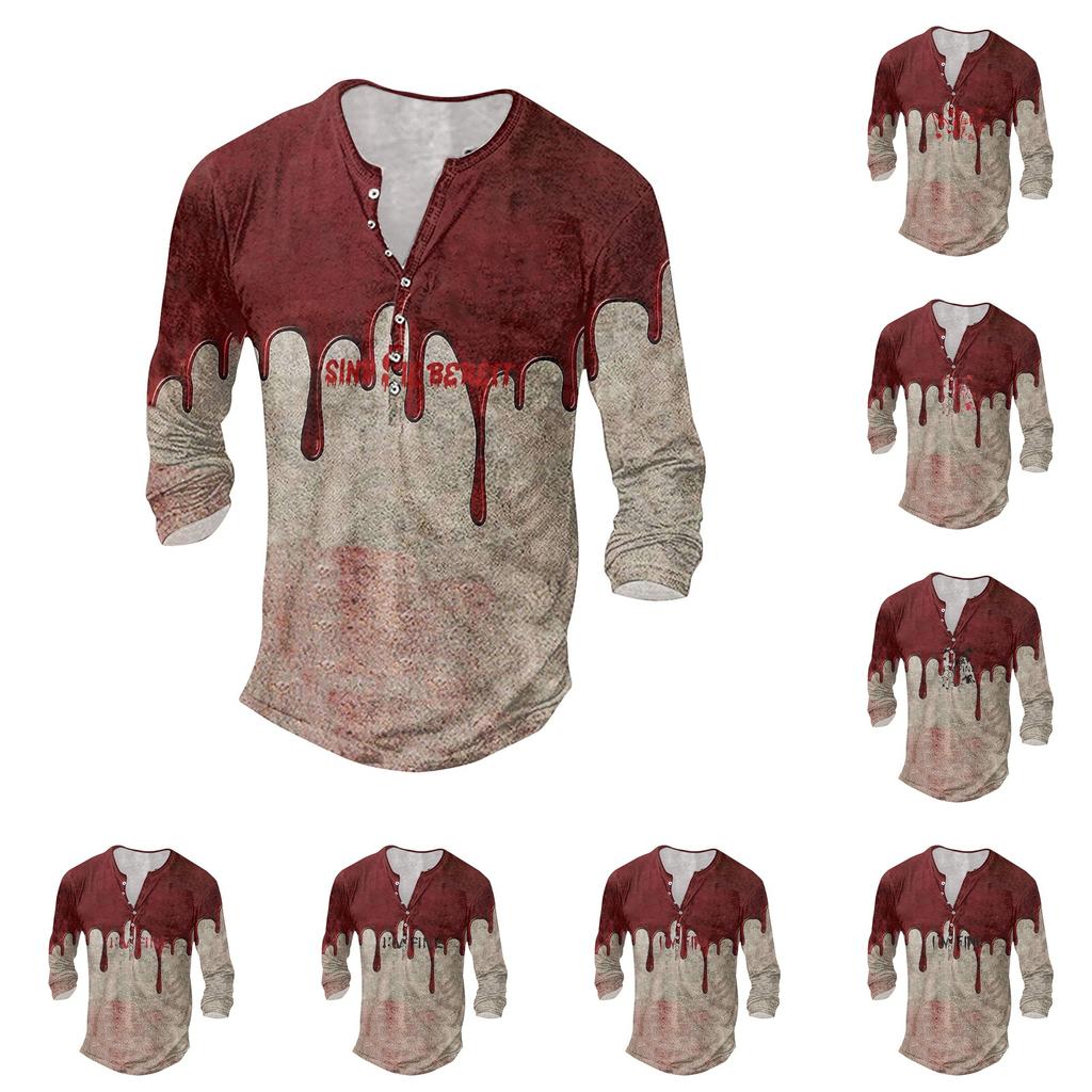 Men'S Printed T-Shirt Outdoor Retro Button Loose Long Sleeve Top