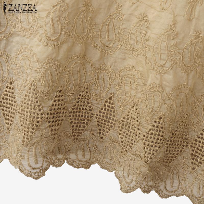 ZANZEA Women Round Neck 3/4 Sleeve Loose Casual Embroidery Patchwork Blouse