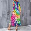 Women Plus Size V Neck Long Sleeve Colorful Printed Pockets A Line Midi Dress