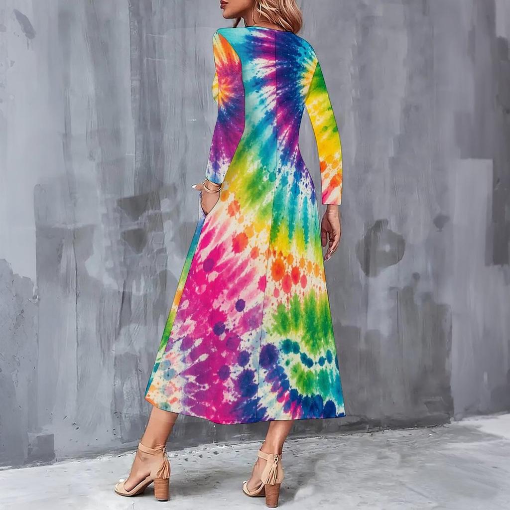 Women Plus Size V Neck Long Sleeve Colorful Printed Pockets A Line Midi Dress