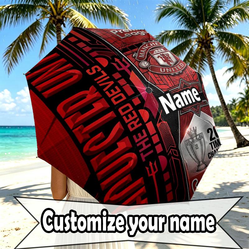 Custom Name Personalized Manchester United Print Umbrella, Auto Open Close, 8‑Rib Sturdy Frame, Commute Camping Hiking Use, Birthday Gift
