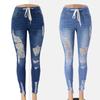 Jeans skinny con elastico in vita, vita media, strappati, allacciati in pizzo per donna
