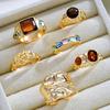 6PCS Maillard Brown Stone Ring Sets for Women Fashion Colorful Zircon Geometric Opening Finger Ring Luxury Party Jewelry Accessories