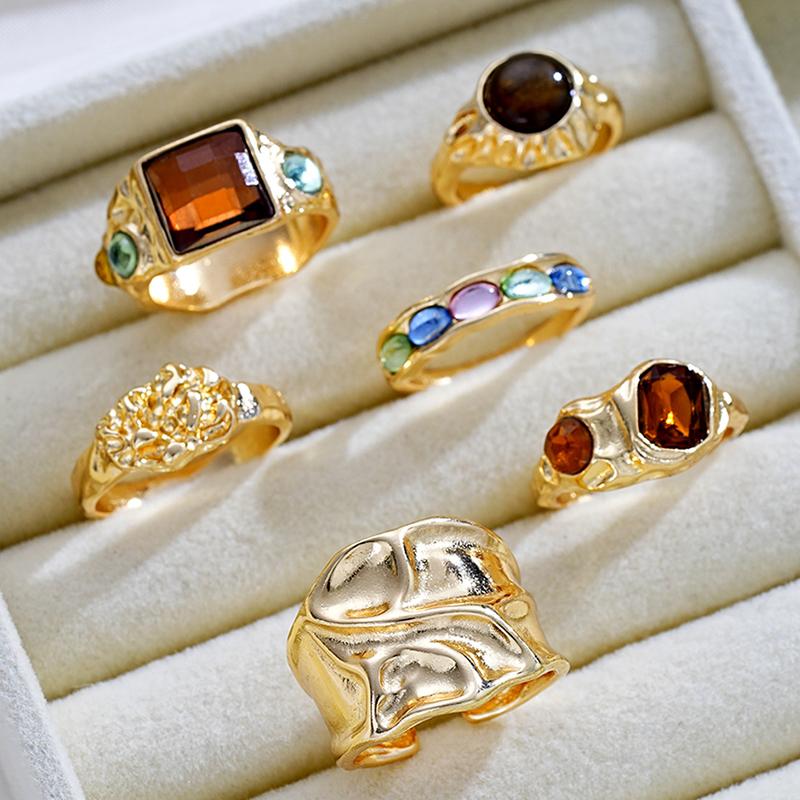 6PCS Maillard Brown Stone Ring Sets for Women Fashion Colorful Zircon Geometric Opening Finger Ring Luxury Party Jewelry Accessories