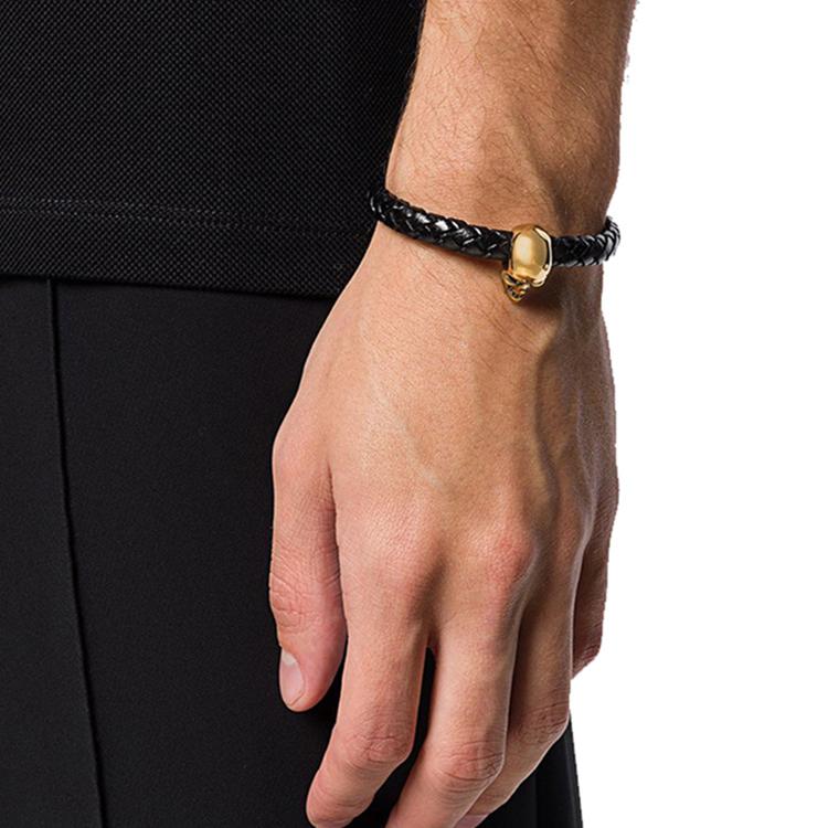 Alexander McQueen Metal Skull Leather Woven Bracelet Men Bracelets Gold 554602-J16KG-1000