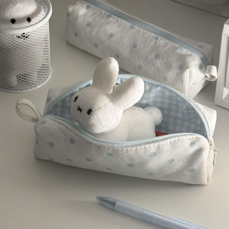 Cute Cream Blue Polka Dot Handheld Pencil Case For Students
