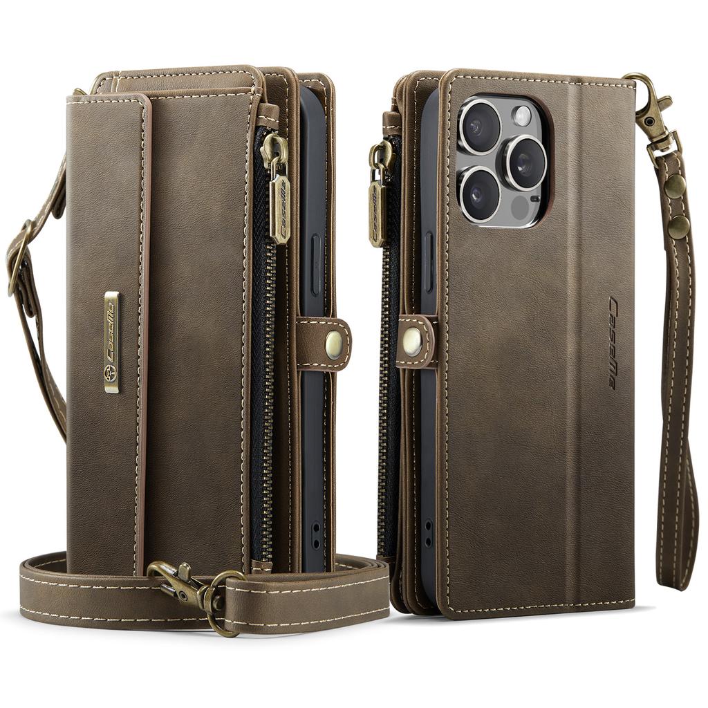 CASEME C39 Series For iPhone 13 Pro Case RFID Blocking 9 Card Slots Zipper Wallet Stand Leather Cover with Strap