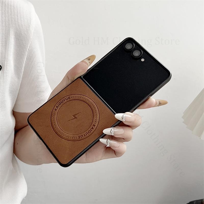 Skin Feel Leather Phone Case For Samsung Galaxy Z Flip7 5G Wireless Charging For Magsafe Magnetic Cover For Samsung Z Flip 7 5G