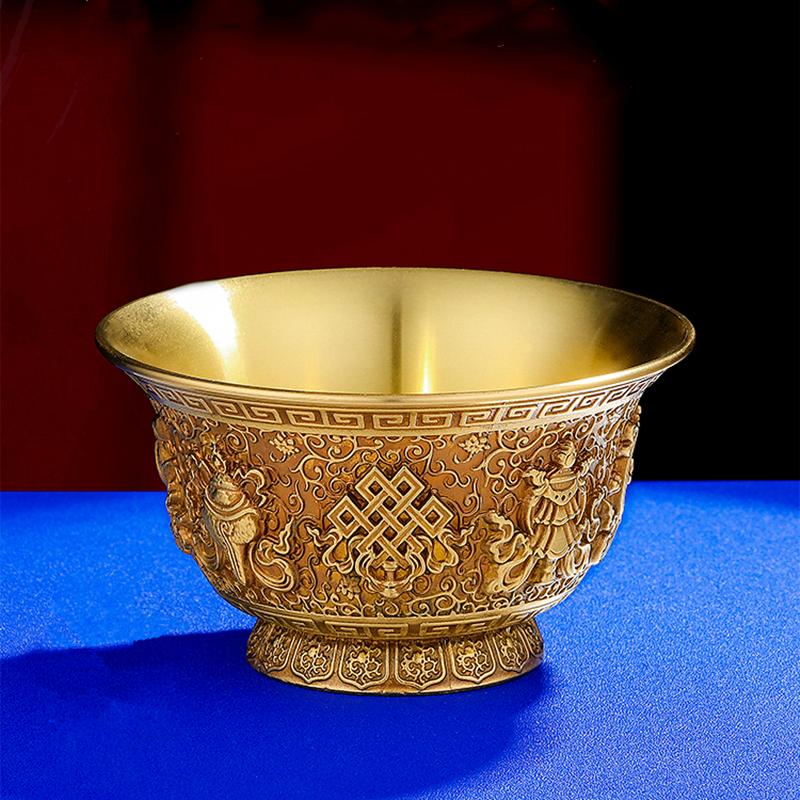 Pure Copper Water Supply Cup for Offering Buddha, Tantric Eight Auspicious Symbol Buddhist Decor Water Bowl, Buddhist Supplies