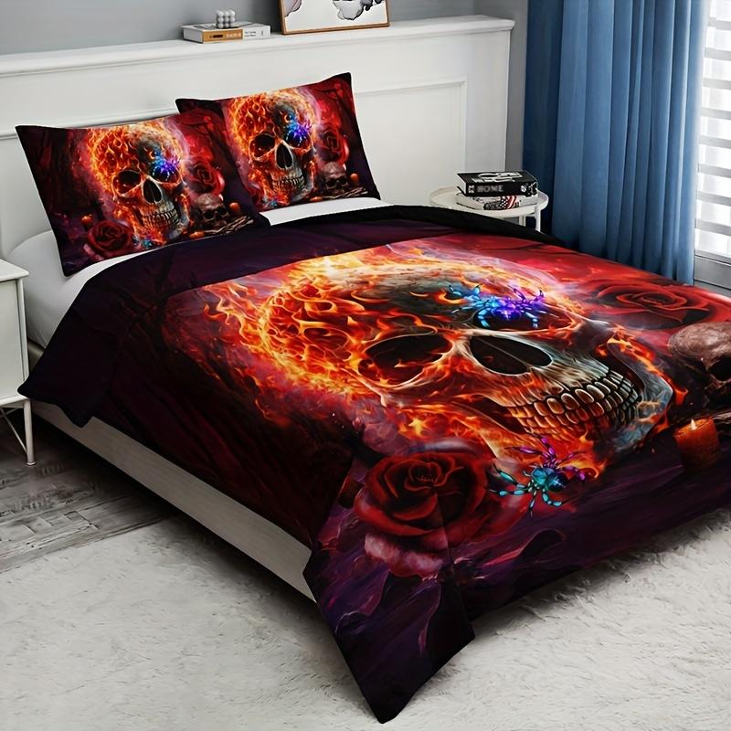 Colorful Rose Skull Flame Duvet Cover Set - Soft and Breathable Bedding for Bedroom, Guest Room, and Dorm Decor With Pillowcases
