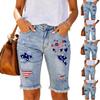 Women’s Mid Waist Distressed Denim Shorts with Anniversary and Flag Print Hem Knee Length Streetwear Style Casual Fit