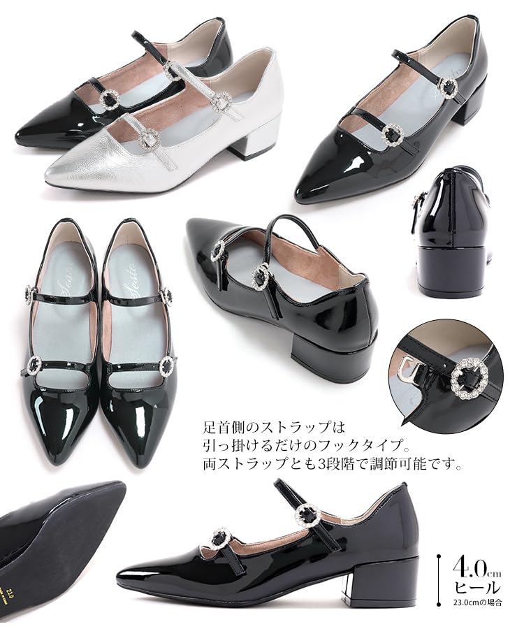 Mit Schmucksteinen besetzte Schnalle Doppelriemen Spitzschuh Niedriger Absatz Pumps für [Sest] Damen, 24.5cm, Silber, dtp8804-SIL-245