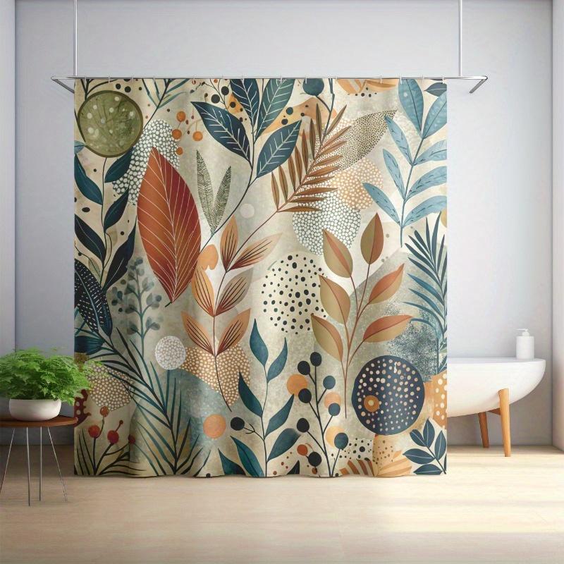 Bohemian Floral Shower Curtain Set - Abstract Botanical Design, Green, Blue, Orange & Beige, Modern Bathroom Decor