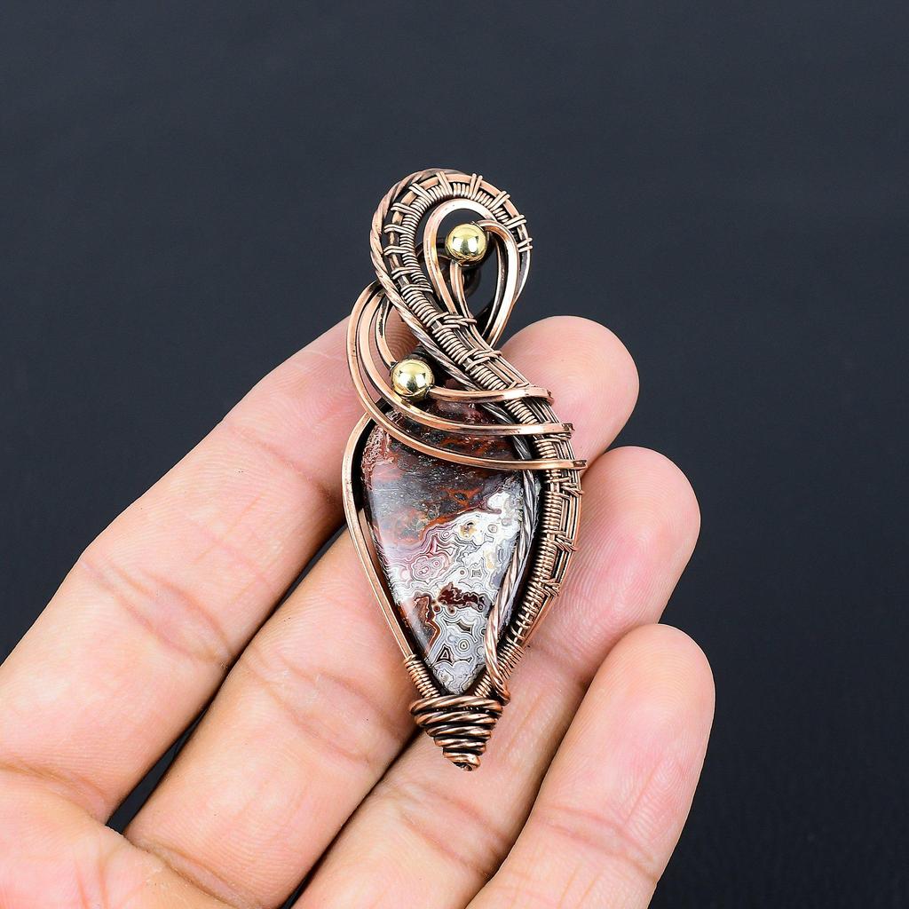 Crazy Lace Agate Gemstone Handmade Pure Copper Wire Wrapped Pendant Jewelry For Women