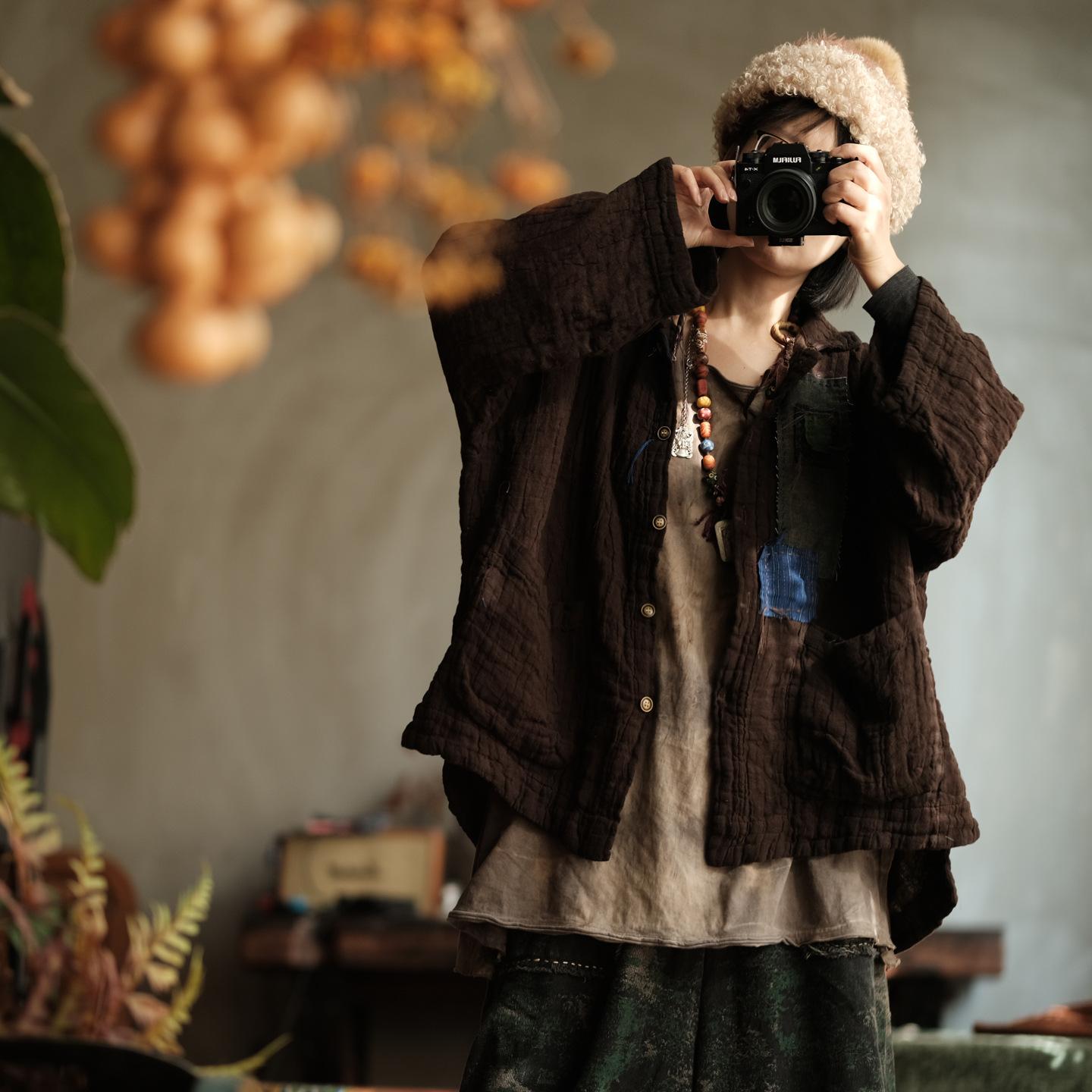 Johnature Женские винтажные рубашки топы пэчворк цвет стойка длинный рукав карманы блузка плотные рубашки One Size кофейный