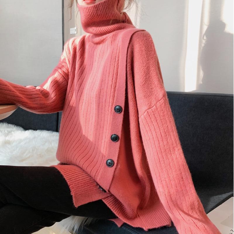 Boutons Chics d'Automne Pullovers Amples Unis Pull Femme Mode Manches Longues Pulls Tricotés Décontractés Hauts Tricotés pour Dames Pulls Femme Vintage 25523