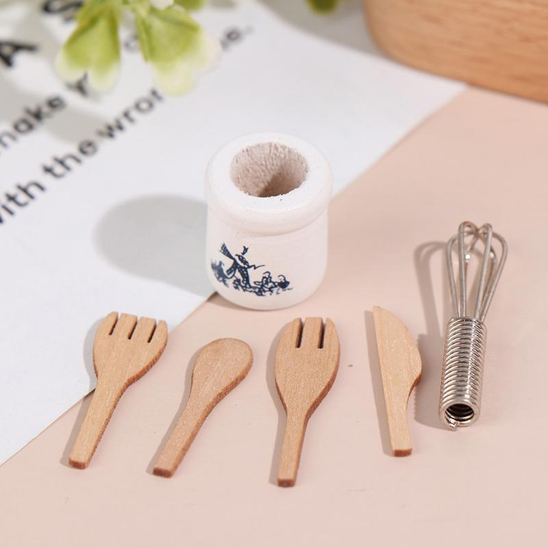 Miniatures Wooden And Fork Metal Whisk Jar Set Accessories Doll House Kitchen