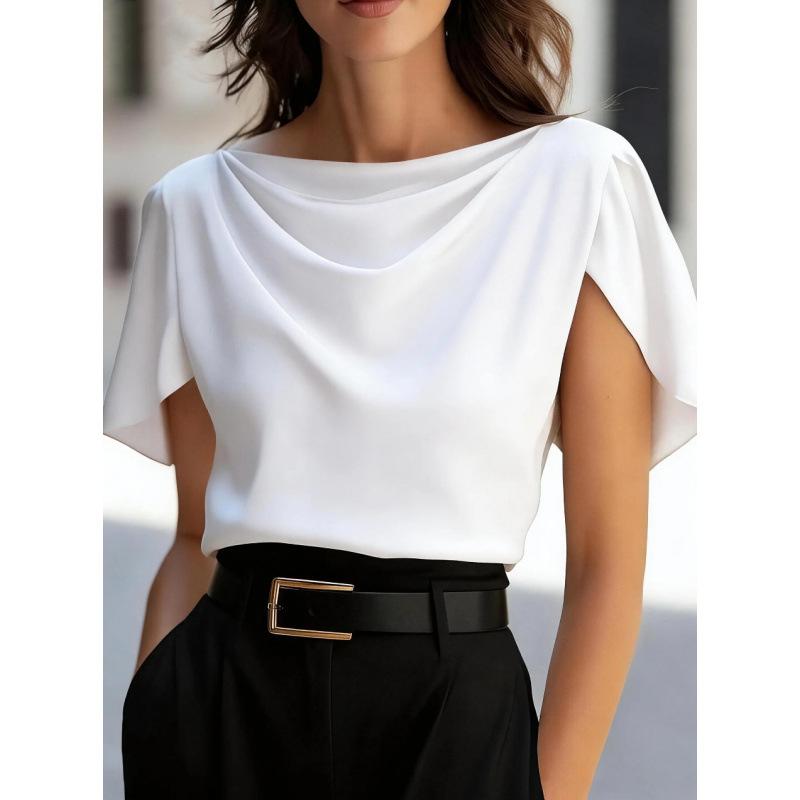Womens Solid Color Cowl Neck Dolman Sleeve Satin Blouse