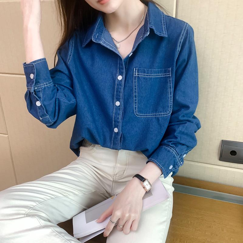 Women's 2024 Retro Cotton Denim Shirt - Casual, Versatile, Long Sleeve, Slimming Fit