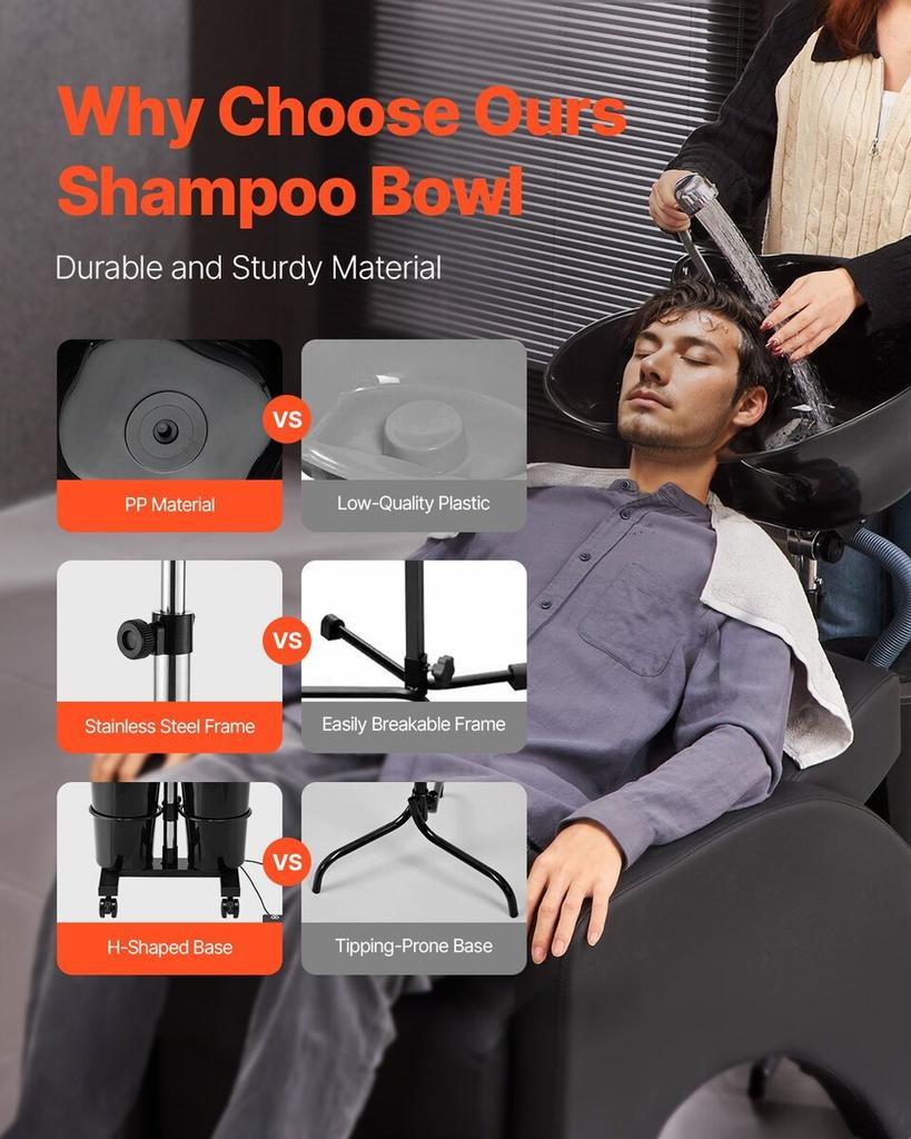 Portable Shampoo Bowl with Drain Hose 2 Buckets Adjustable Height Salon Sink