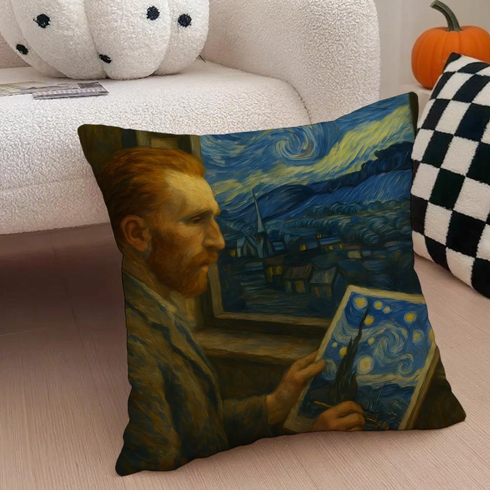 Van G-Gogh Starry Night Pillow Art Masterpiece Cushion Cover Throw Pillow Cover Hidden Button Durable Polyester Chair Cushion