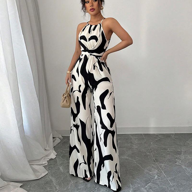 Women Sleeveless Halter Neck Strappy Printed Wide Leg Casual Jumpsuit
