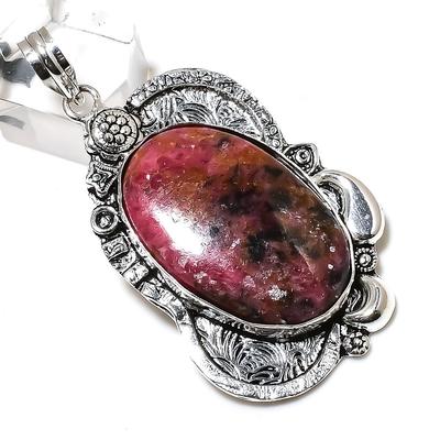 Pendentif en argent sterling 925 fait main avec pierre précieuse de rhodonite naturelle, 6,5 cm, v4D37