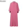 ZANZEA Women Casual Stand Collar Loose Solid Color Long Sleeve Maxi Dress