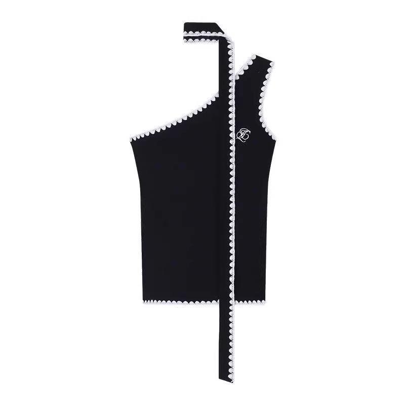 Sweet & Spicy Color Block One-Shoulder Camisole: Women s 2026 Summer Slim Fit Embroidered Sleeveless Top. M чёрный