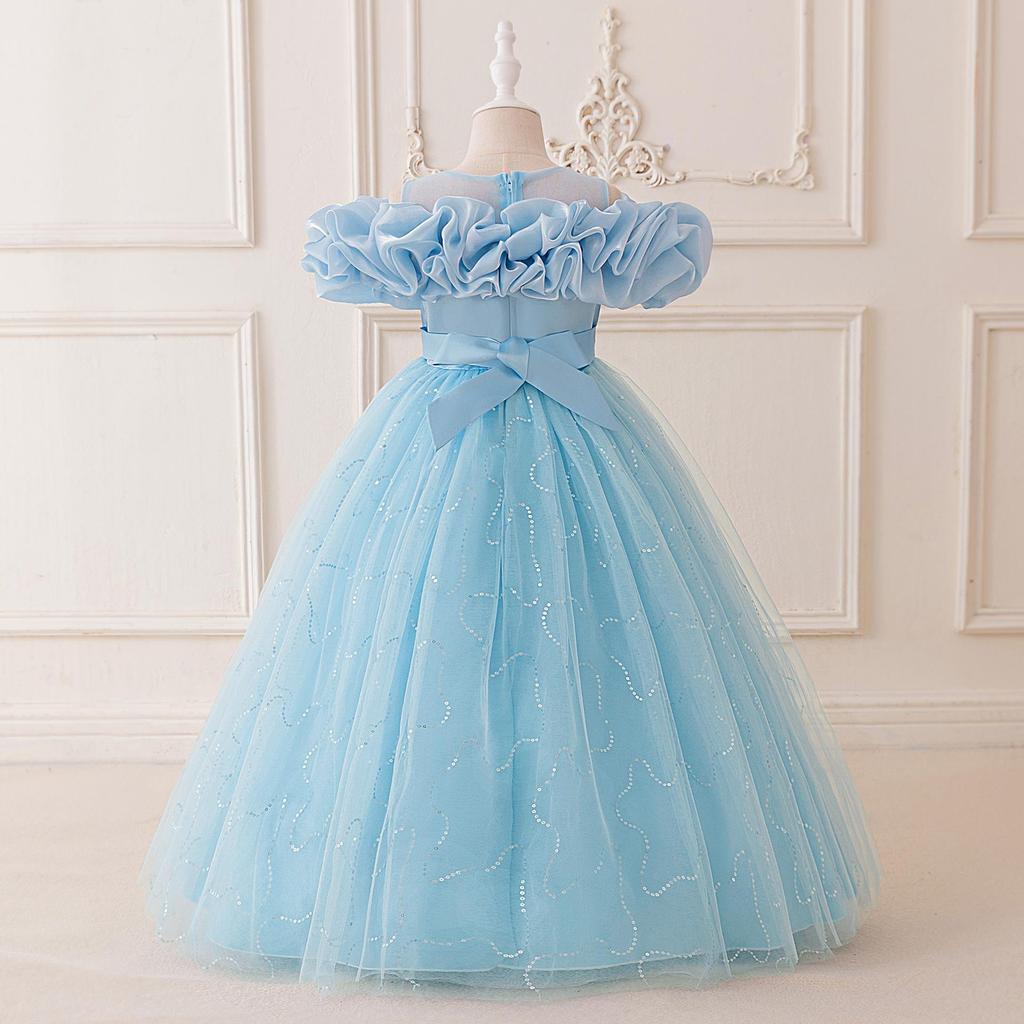 Abito da Principessa Ricamato con Perle per Bambina 4-12 Anni Moda Spalle Scoperte Manica a Sbuffo Abito in Rete Compleanno Matrimonio Damigella