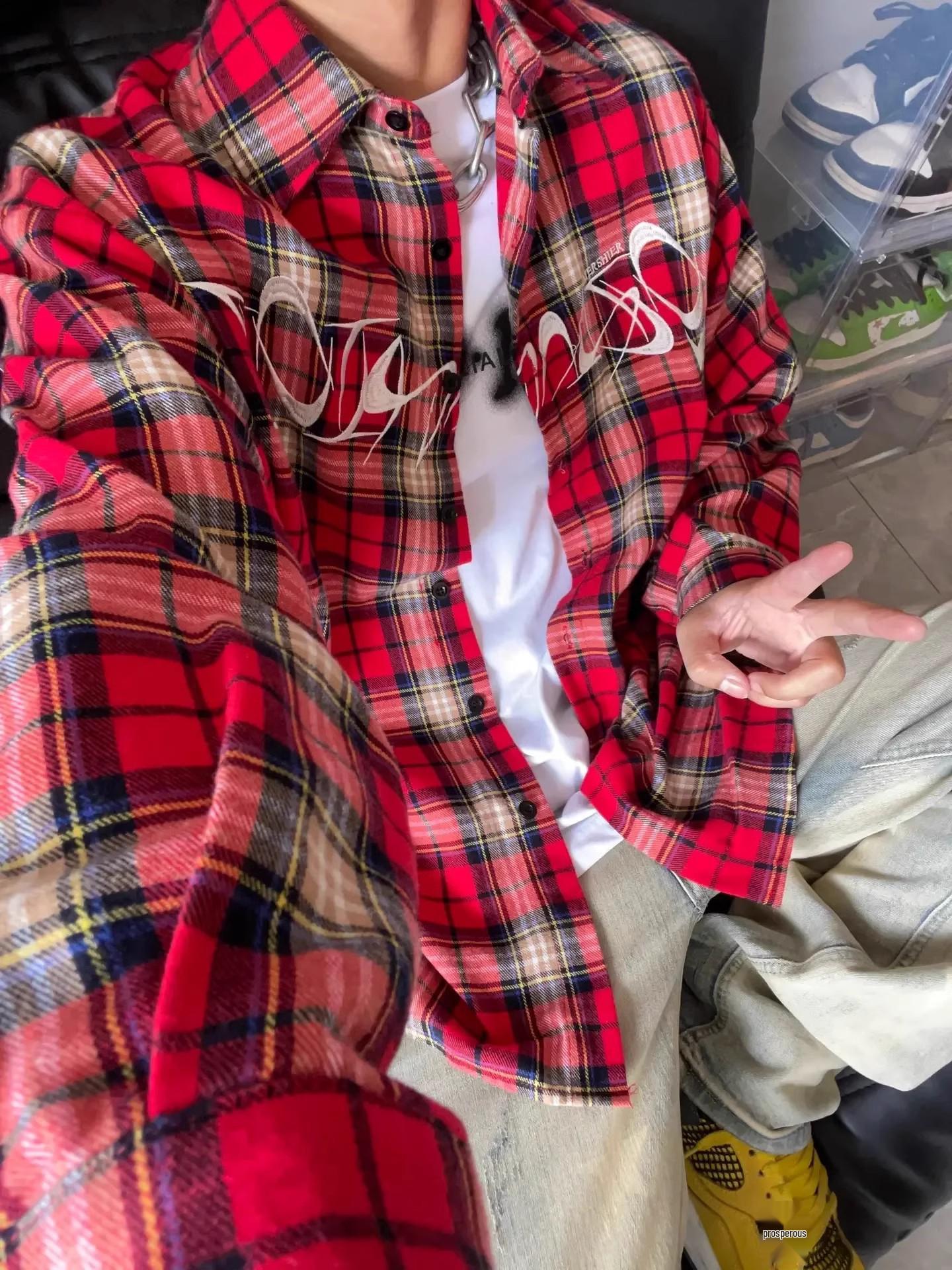 

Мужская ретро рубашка с вышивкой в клетку с длинным рукавом на лето Large