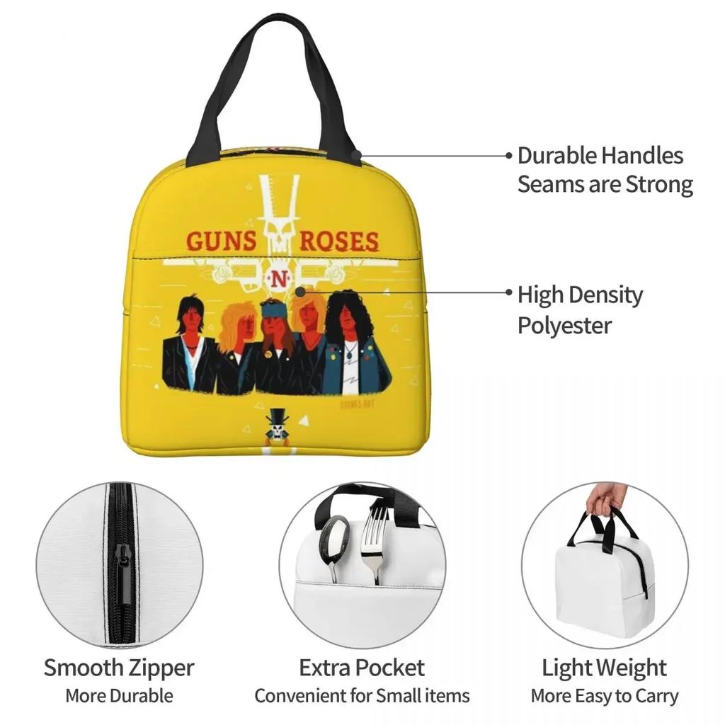 G-Guns-S N-N-S R-Roses-S Insulated Lunch Bag for Women Kids Leakproof Food Boxes Thermal Lunch Box Tote