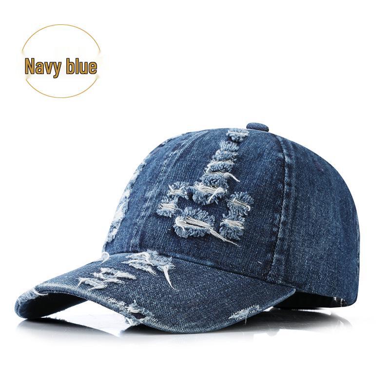 Korean Retro Washed Denim Baseball Cap with Holes for Men and Women - Spring/Autumn Style Sunshade Duckbill Hat