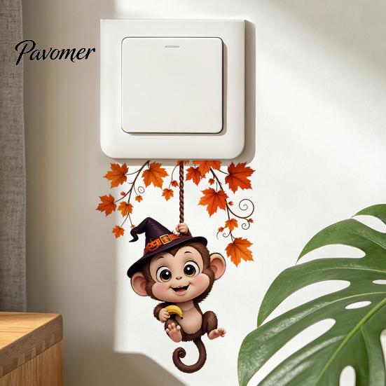 Creative Wall Ornaments Cute Hanging Monkey Switch Sticker for Christmas/Halloween Decor, Self-Adhesive Light Sticker, Removable PVC Halloween Socket